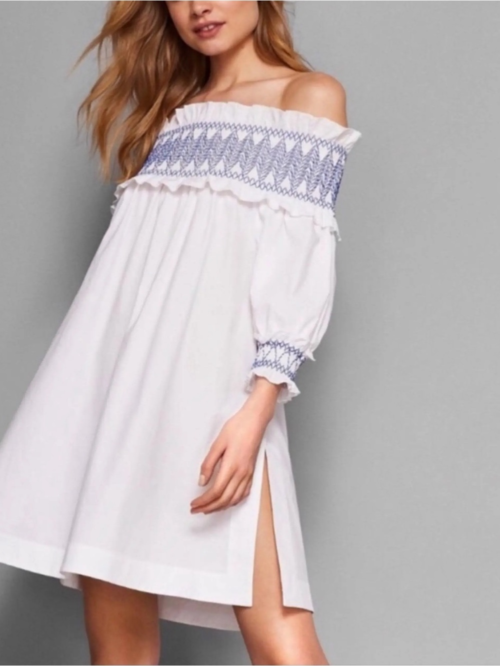 Ted Baker London White One-Shoulder Dress with Blue Embroidery
